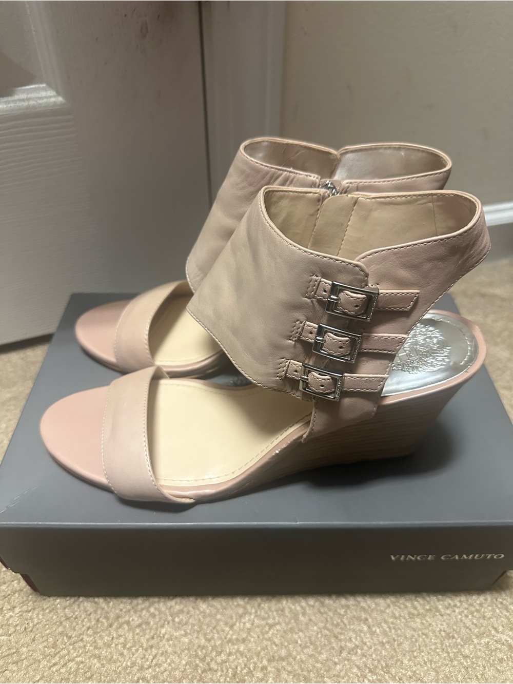 Vince Camuto Blush Nude Triple-Buckle Wedge Sandals